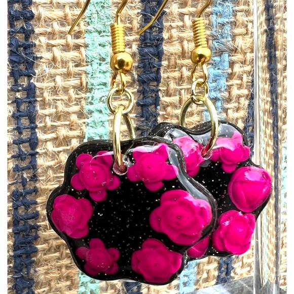 Artisan Black & Hot Pink Flower Dangle Clay Earrings New 1.85" Long - Picture 1 of 2
